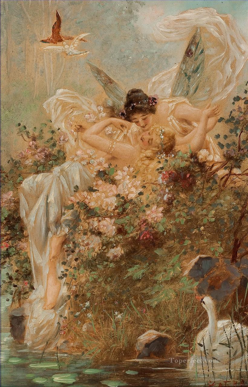 キスする天使と白鳥 ハンス・ザツカ油絵